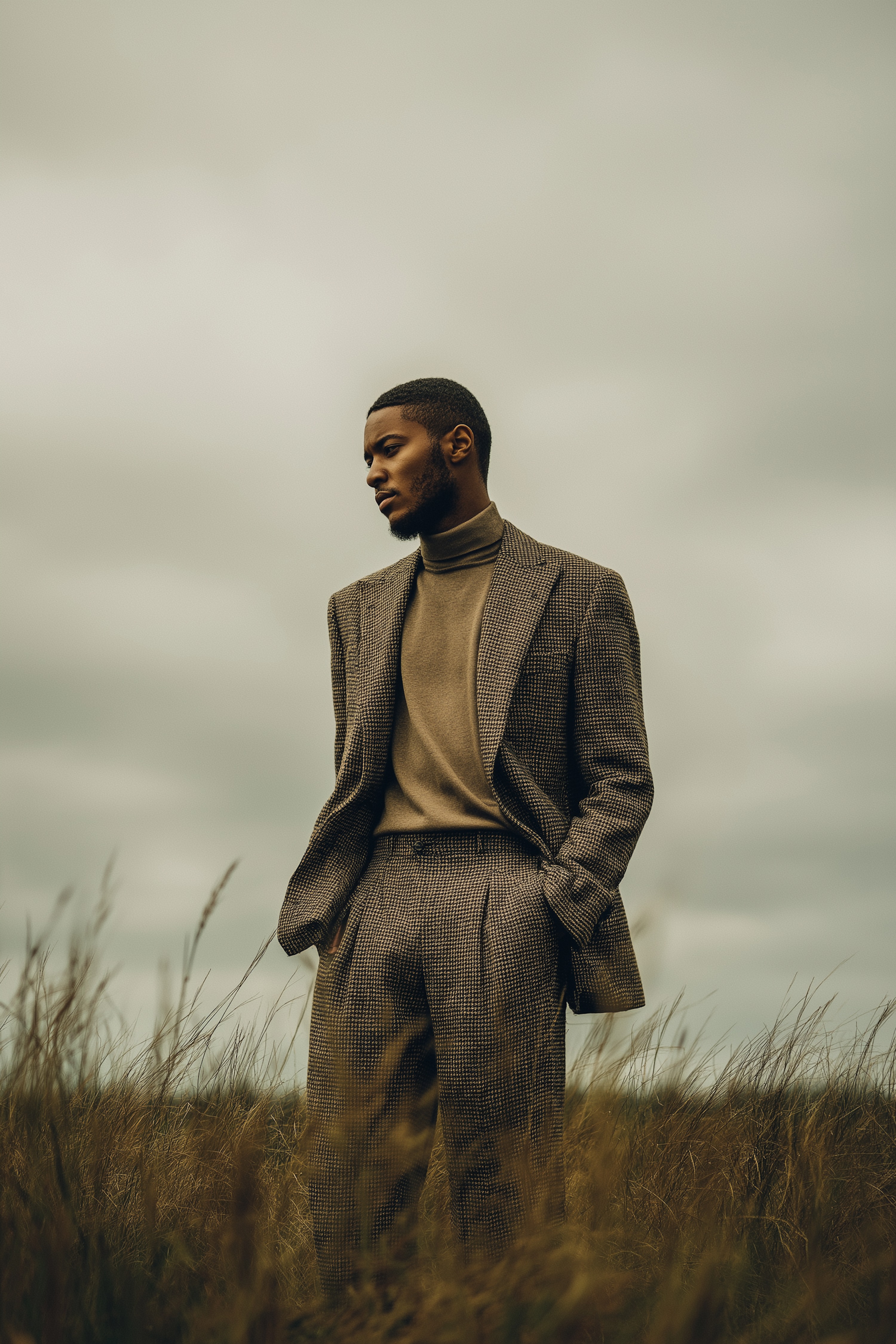 A man wearing a brown checkered suit and beige turtleneck stands in a field of tall dry grass.