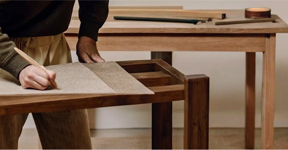 Person sketching a design on paper on a wooden workbench.