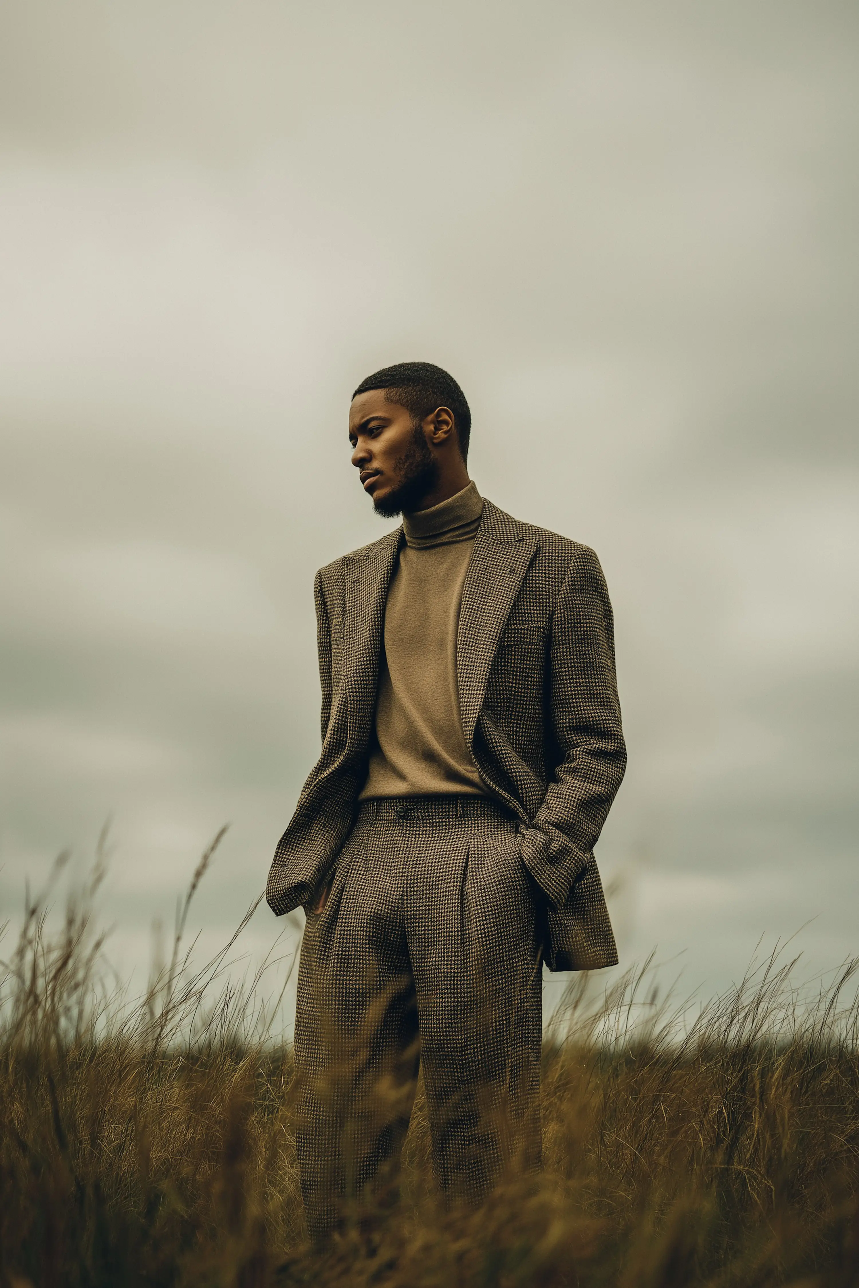 Man wearing a checkered suit and brown turtleneck standing in a field under an overcast sky.