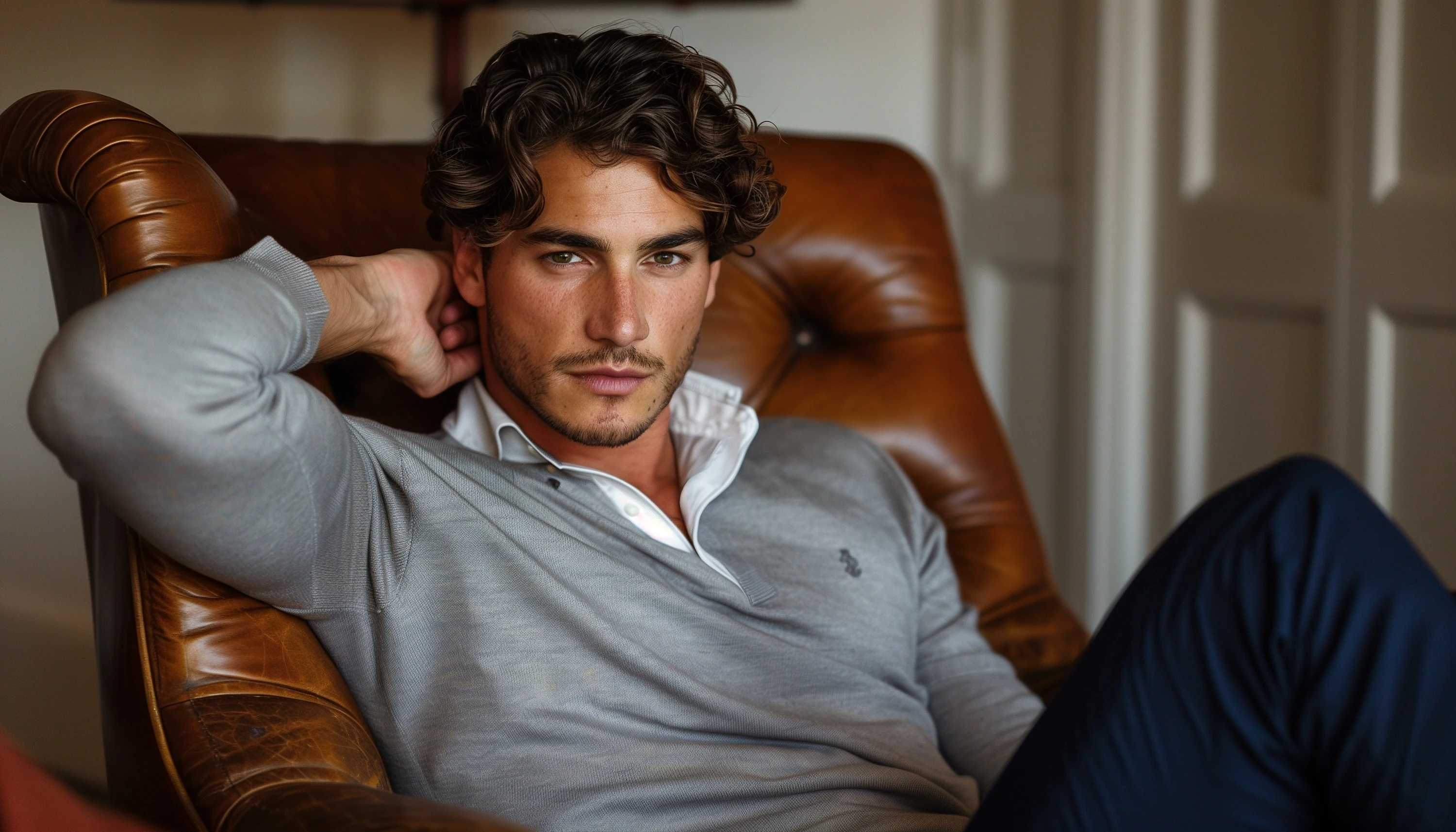 Man with curly dark hair reclining in a brown leather chair.