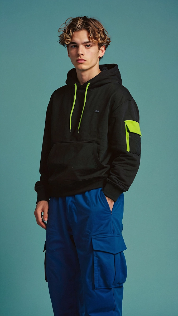 Young man with wavy hair wearing a black hoodie.