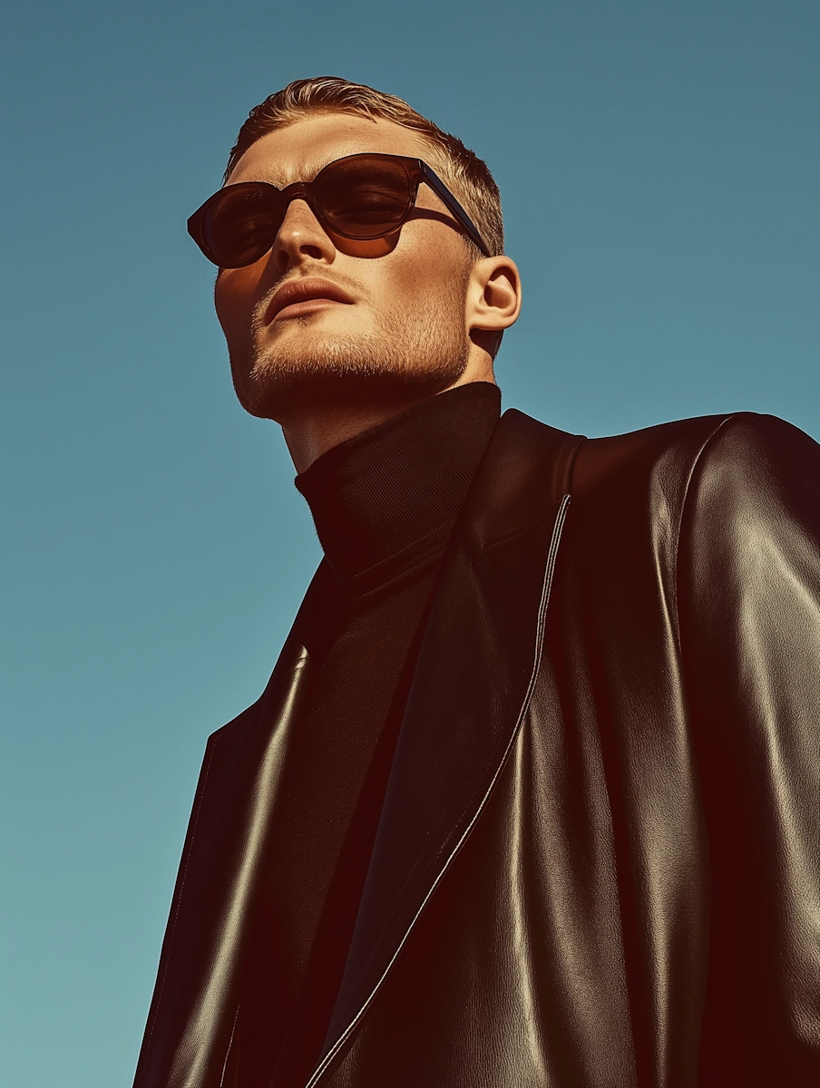 Man wearing dark sunglasses and black leather jacket looking upwards.