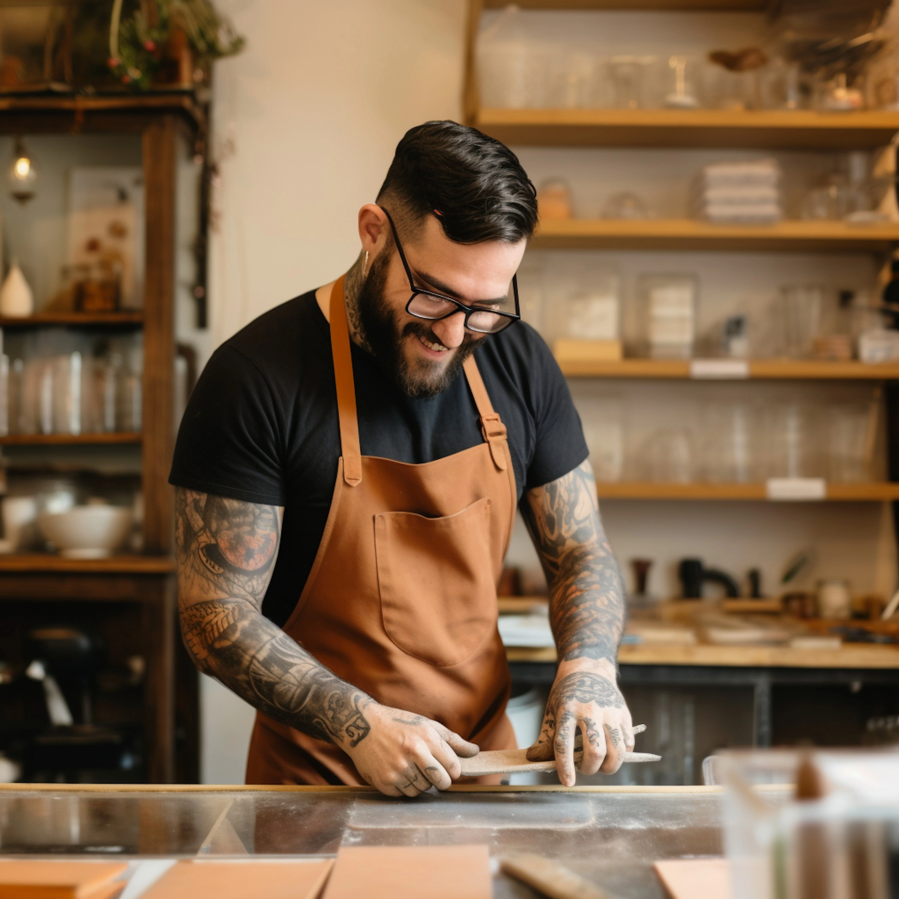 Smiling tattooed man in glasses and brown apron sanding wood in a workshop.