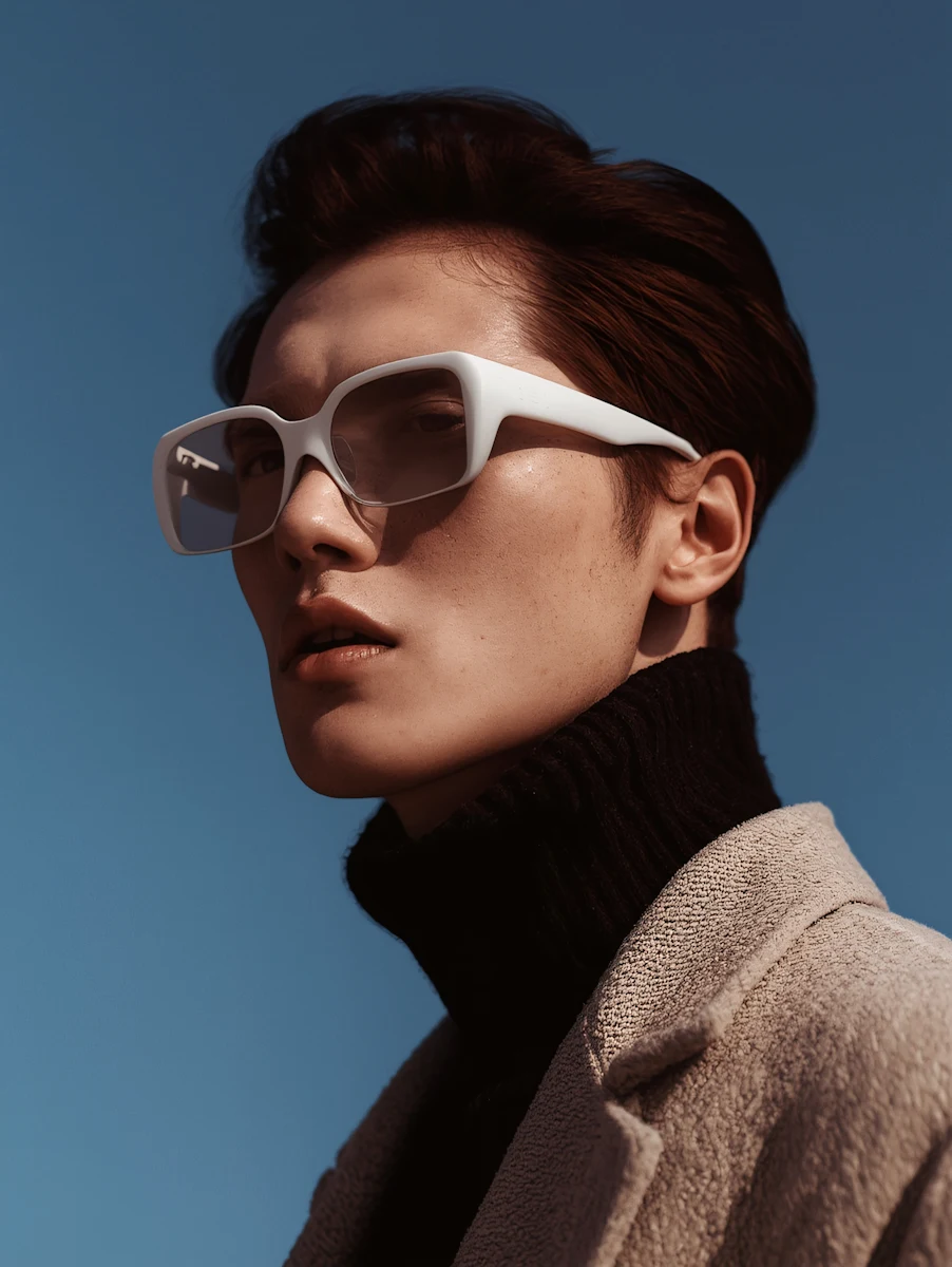 Portrait of a young man with slicked-back dark hair wearing white rectangular sunglasses.