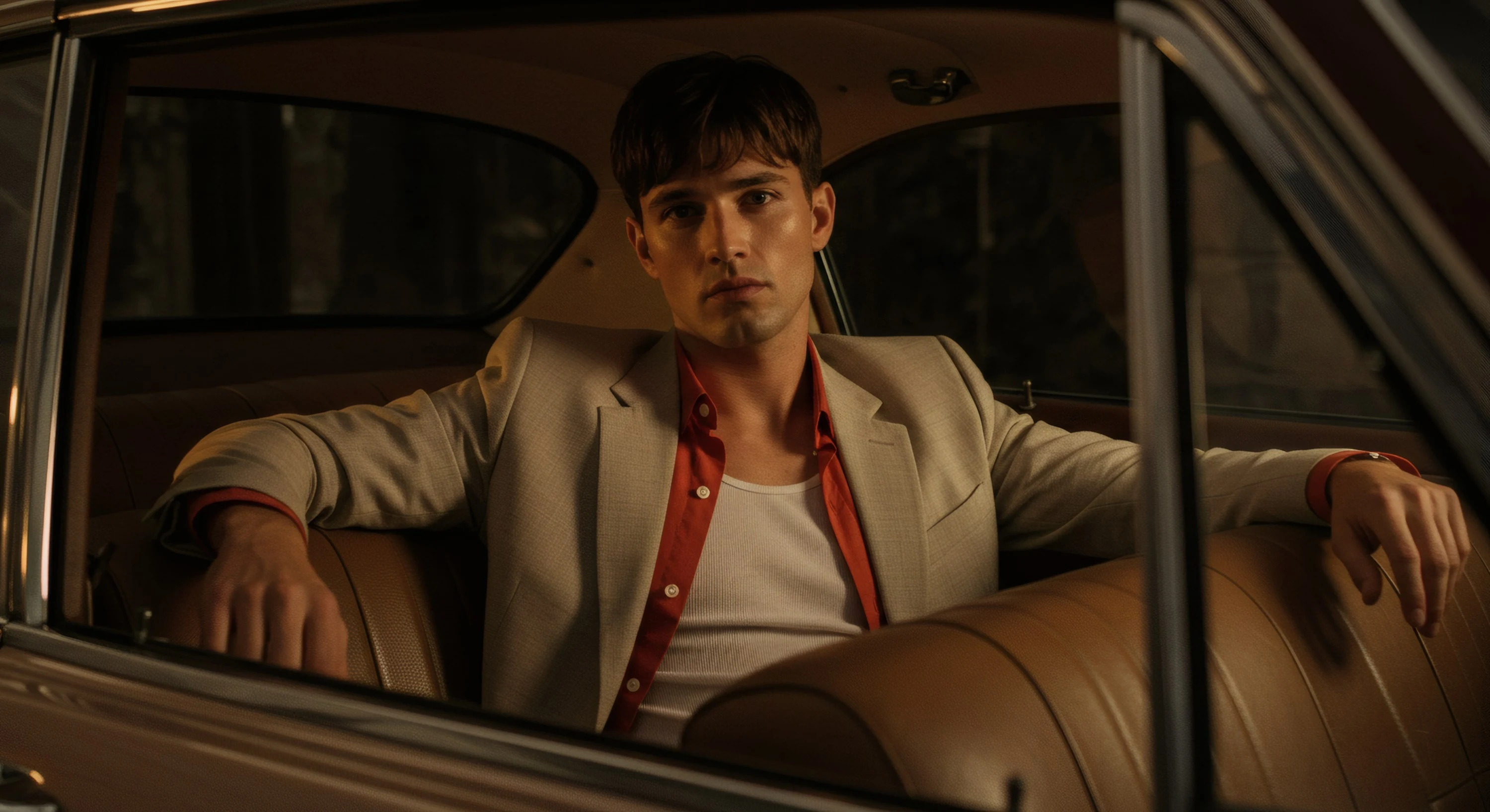 Young man wearing a beige blazer and red shirt sitting with arms resting on the back seat of a car.