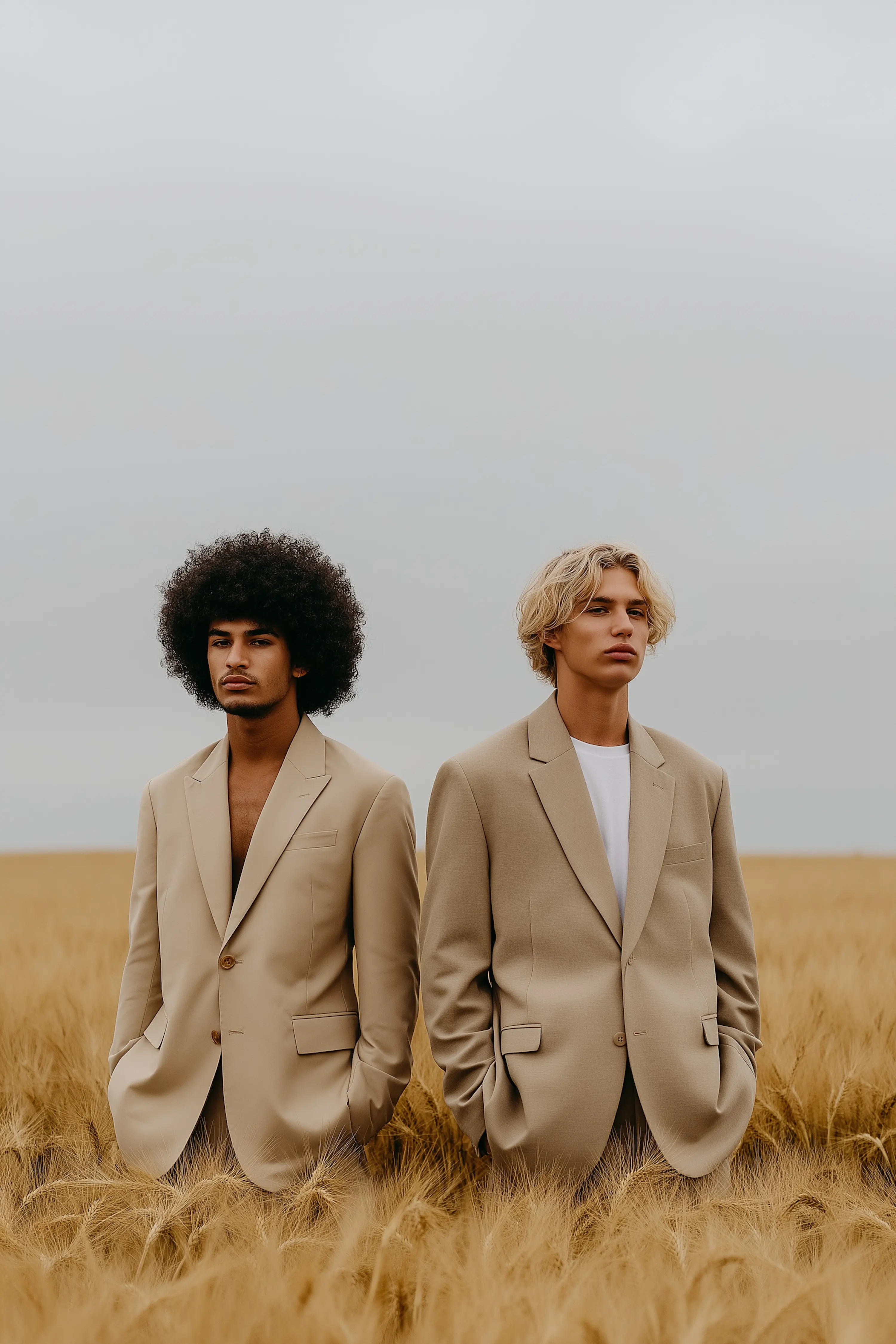 Two young men wearing beige blazers standing in a golden wheat field under a gray sky.
